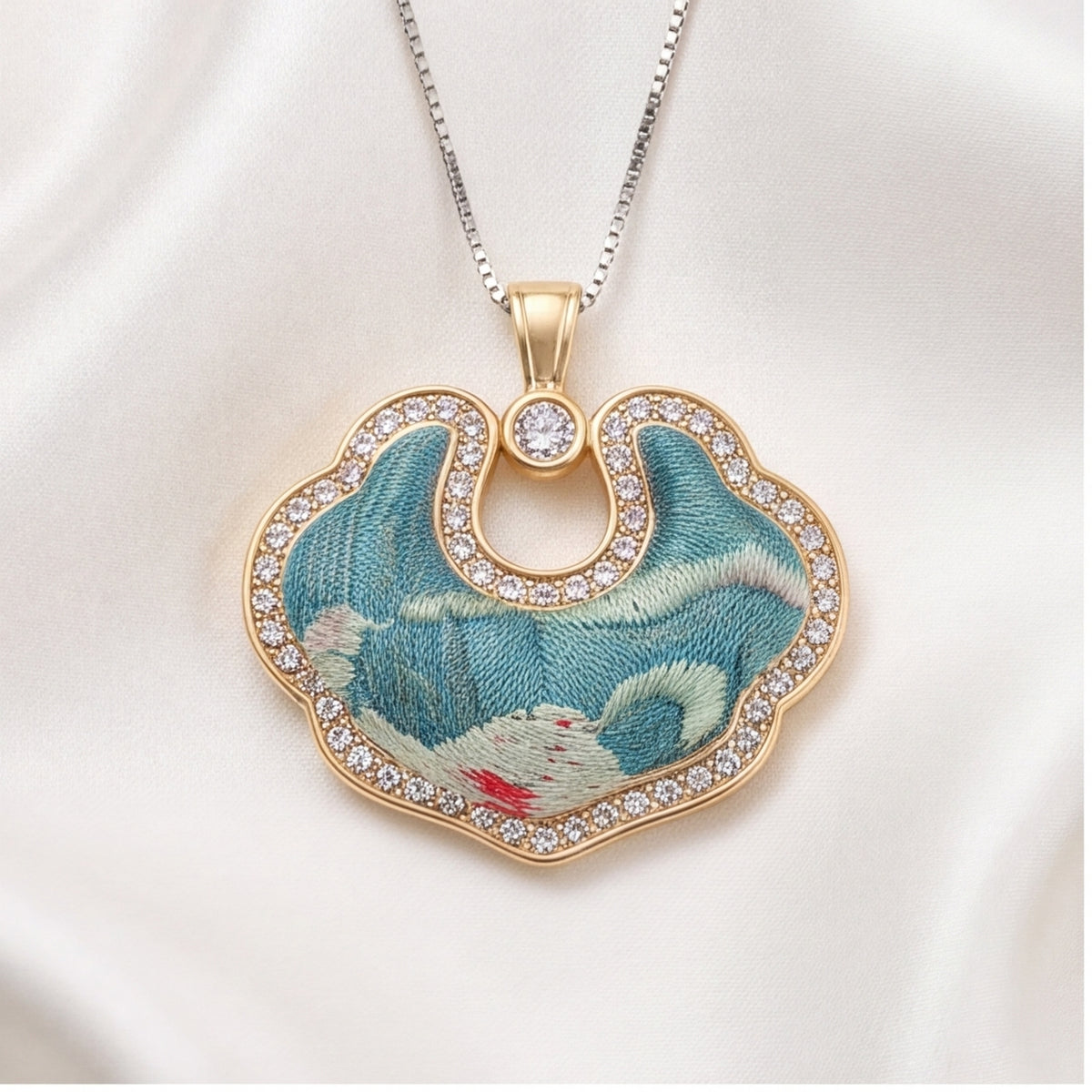 Hong'an Stitch Ruyi Lock Necklace — Hand Embroidered Chinese Heritage Pendant for Women