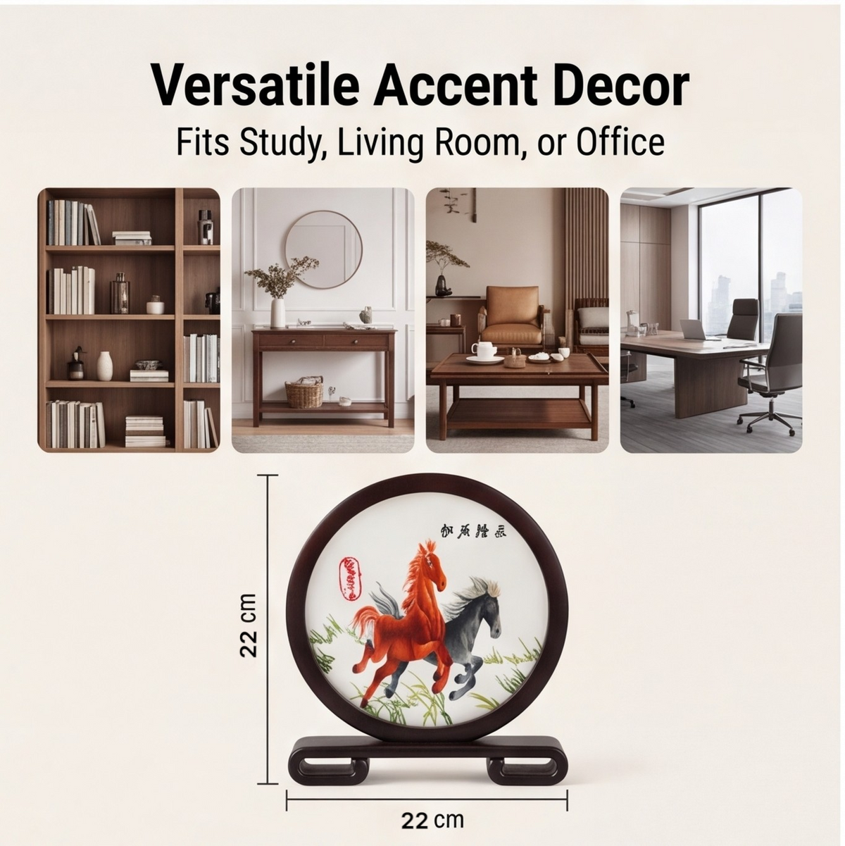 Double-Sided Embroidered Horse Table Decor · Crafted Wood Oriental Desktop Ornamen