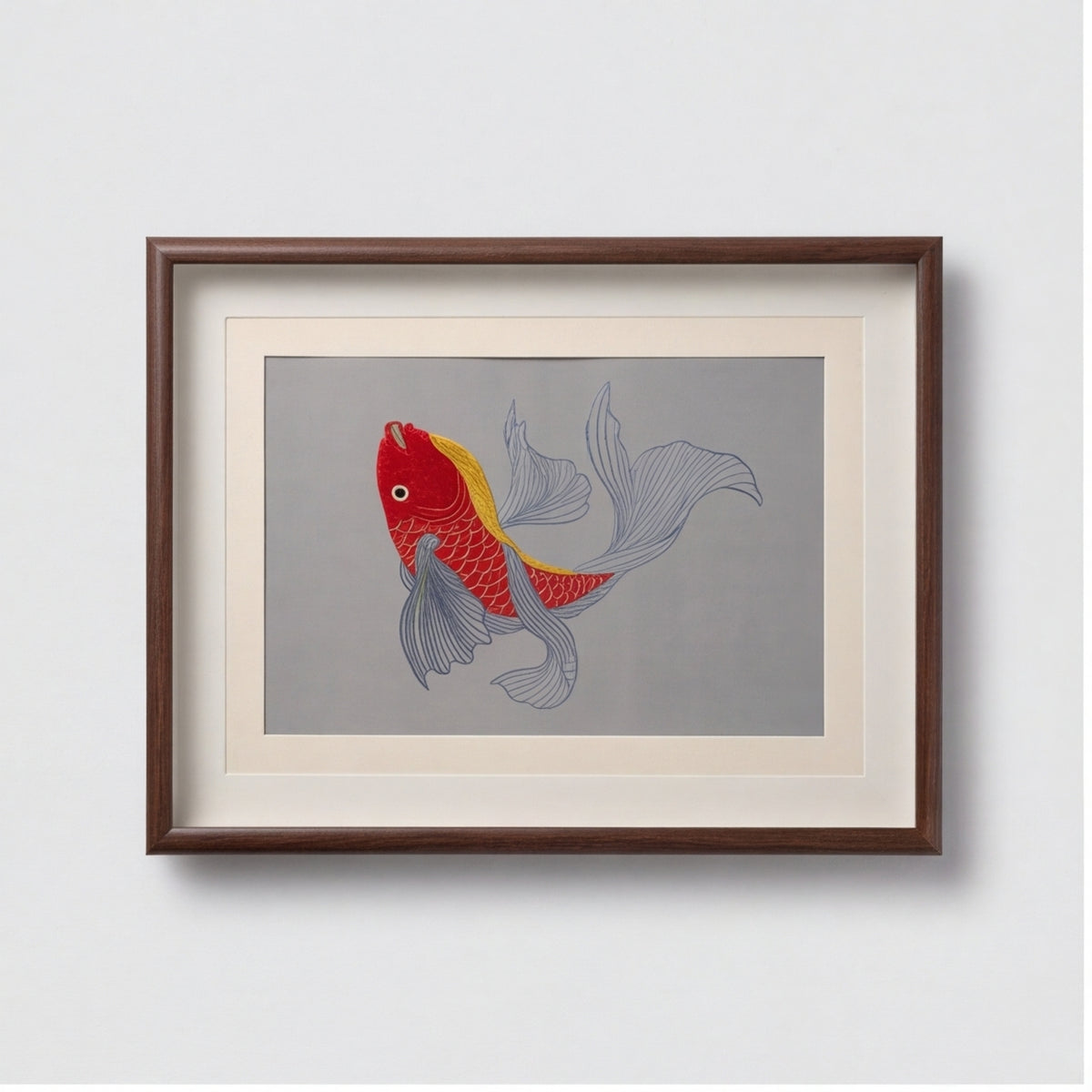 Hand-Embroidered "Scarlet Koi" Framed Wall Accent · Crafted Wood Textile Decor