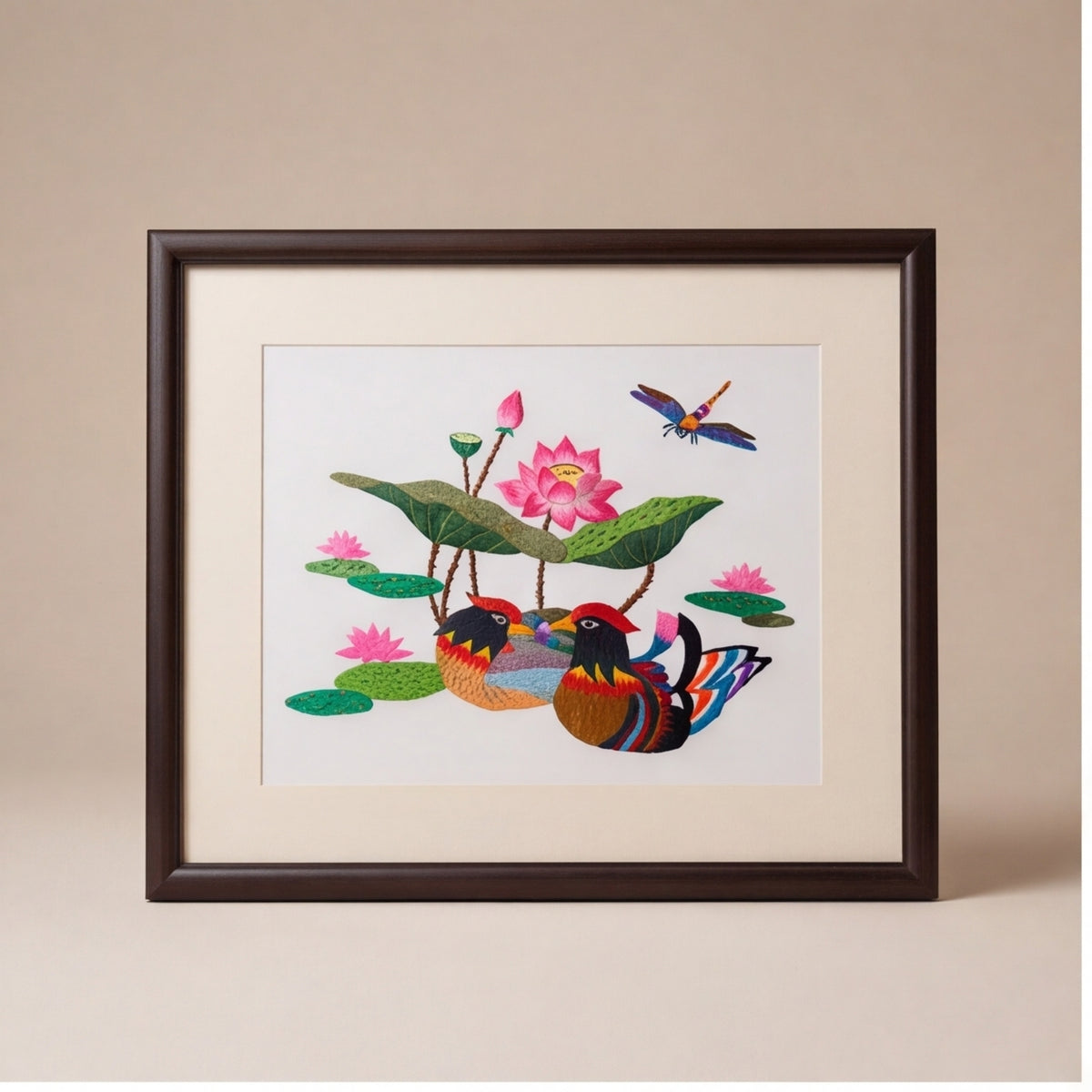 Hand-Embroidered "Mandarin Ducks & Lotus" Framed Art · Crafted Wood Oriental Wall Decor