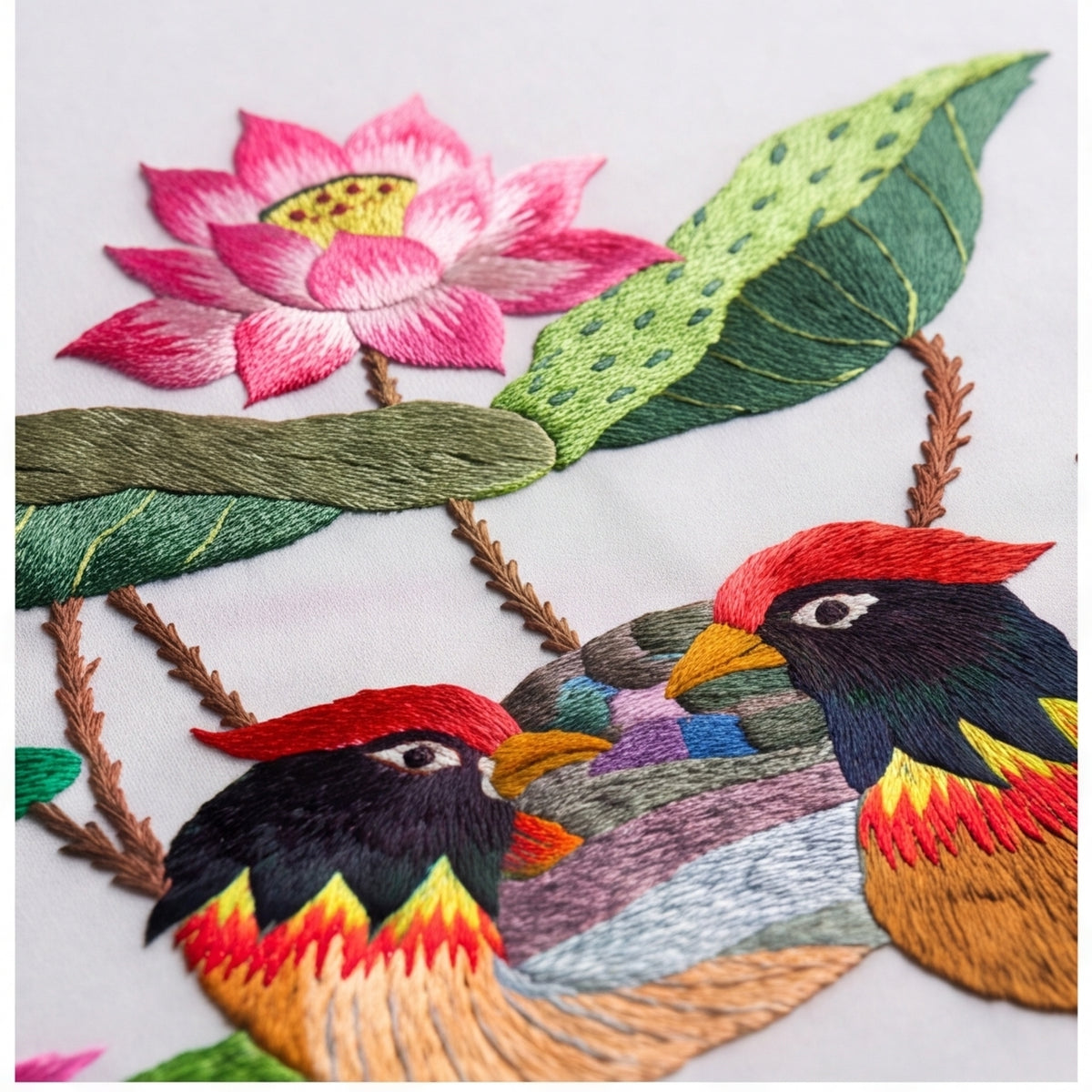 Hand-Embroidered "Mandarin Ducks & Lotus" Framed Art · Crafted Wood Oriental Wall Decor