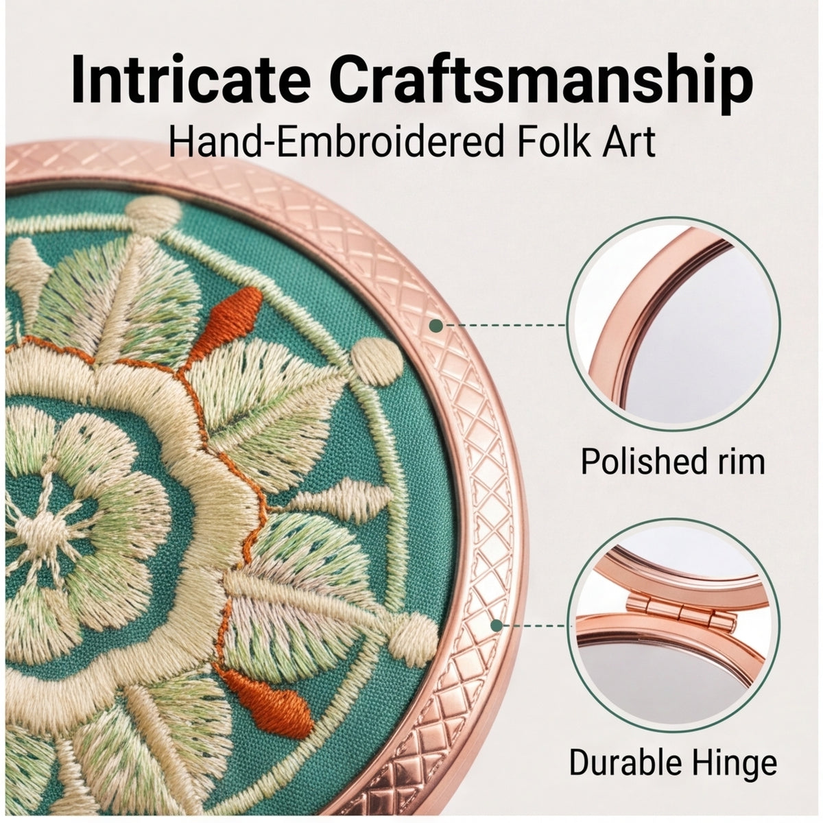 HongAn Stitch Hand Embroidered Folding Compact Mirror – Chinese Intangible Heritage Portable Makeup Mirror