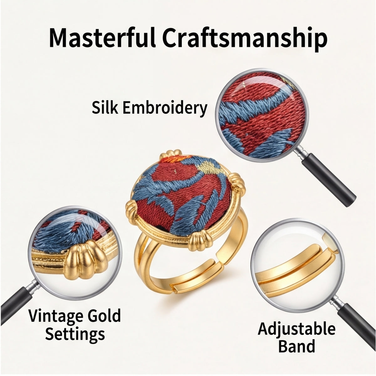 Traditional Chinese Embroidery Ring · Red & Blue Artisan Statement Jewelry