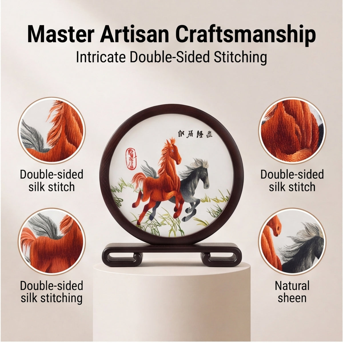 Double-Sided Embroidered Horse Table Decor · Crafted Wood Oriental Desktop Ornamen