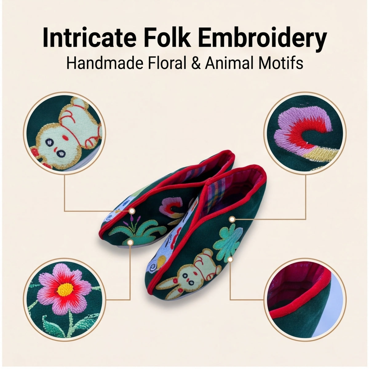 Traditional Chinese Floral Embroidered Cloth Shoes – Handmade Folk Art Slip-Ons
