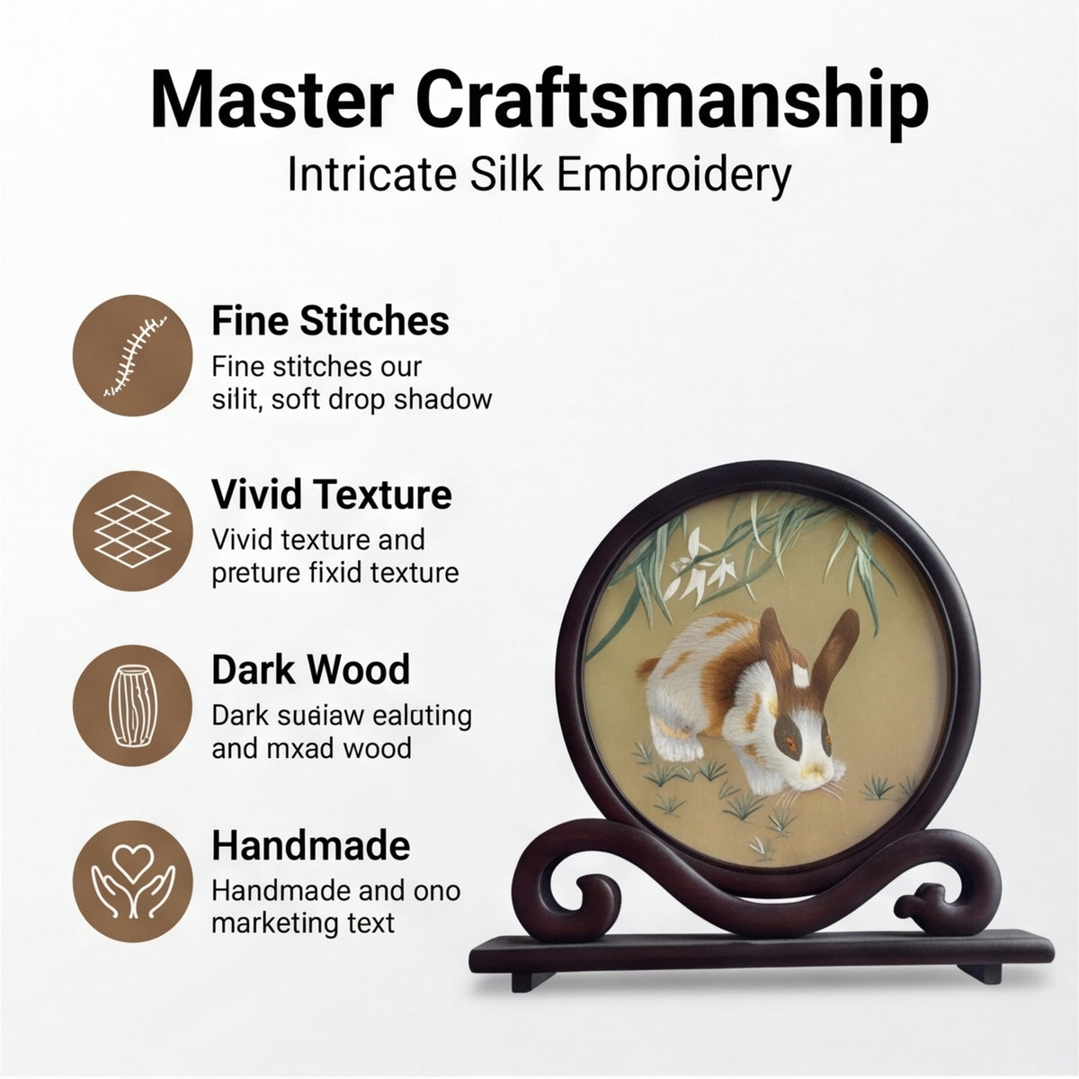 Hand-Embroidered Rabbit Circular Tabletop Accent with Crafted Wood Stand · Traditional Silk-Effect Desktop Decor