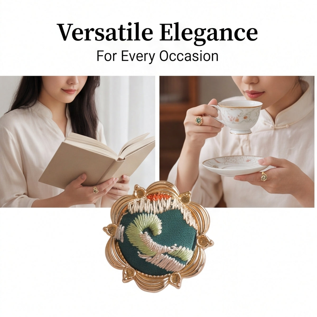 HongAn Stitch Hand Embroidered Fabric Statement Ring – Chinese Intangible Heritage Textile Jewelry & Gift