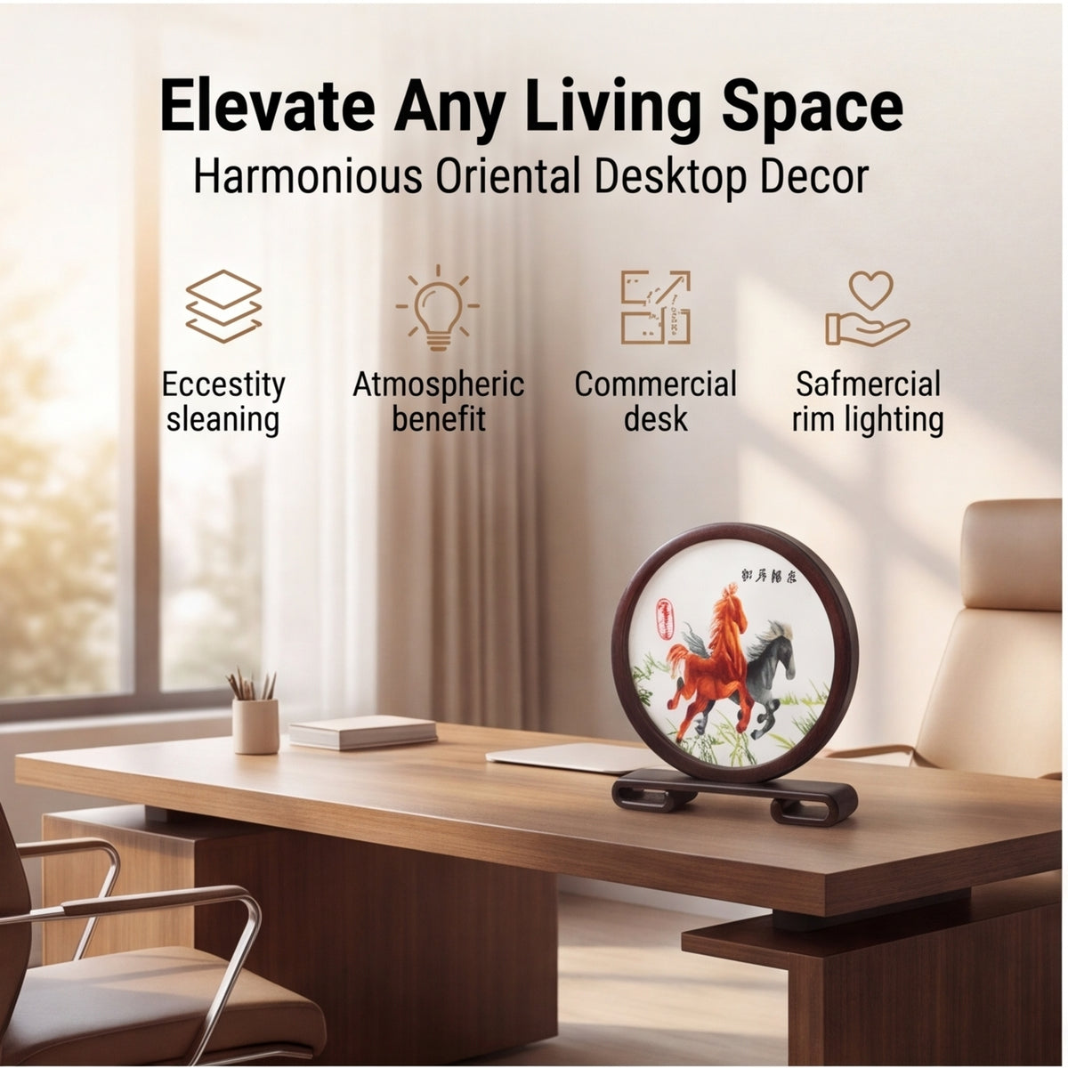 Double-Sided Embroidered Horse Table Decor · Crafted Wood Oriental Desktop Ornamen