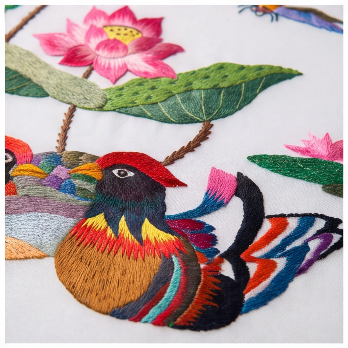 Hand-Embroidered "Mandarin Ducks & Lotus" Framed Art · Crafted Wood Oriental Wall Decor