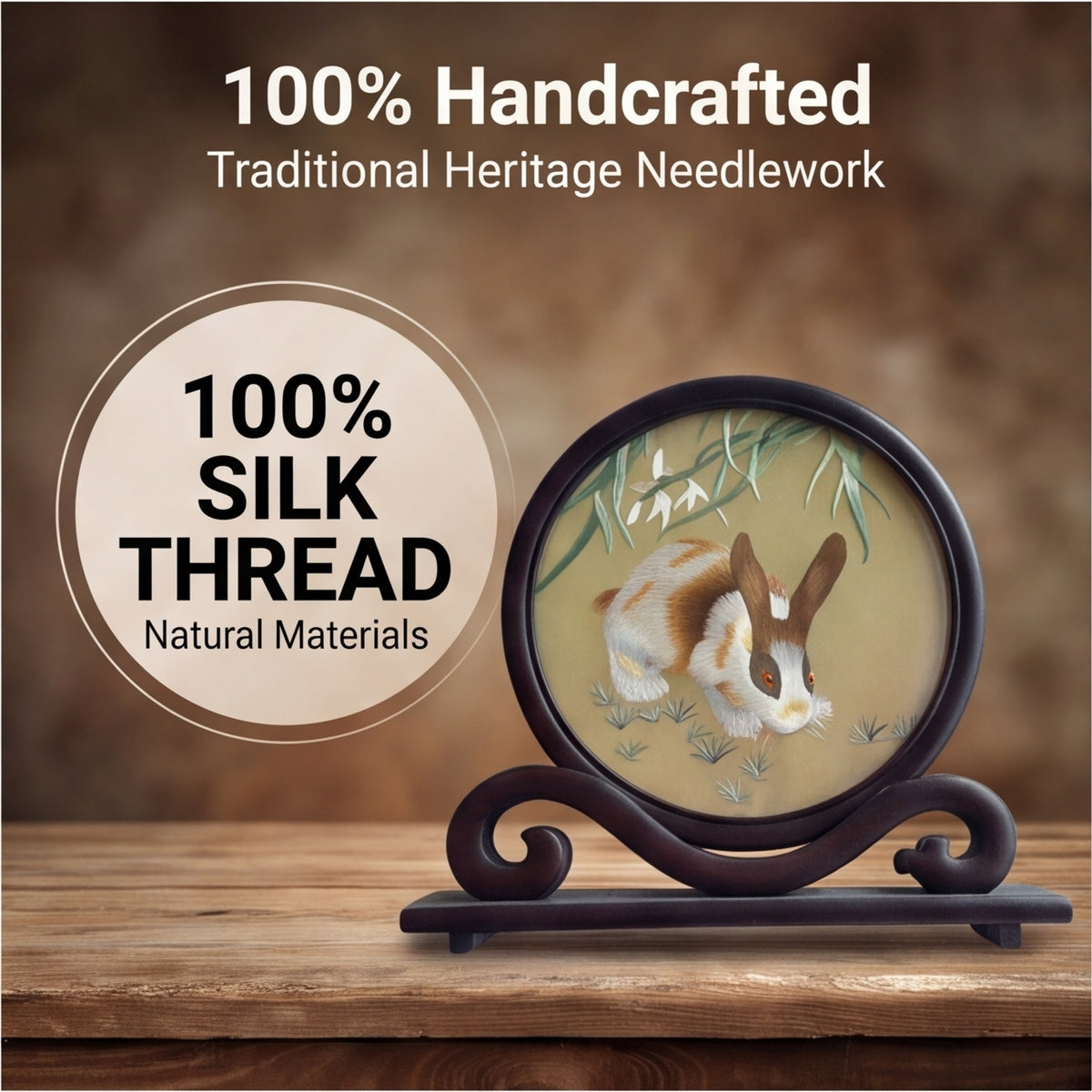 Hand-Embroidered Rabbit Circular Tabletop Accent with Crafted Wood Stand · Traditional Silk-Effect Desktop Decor