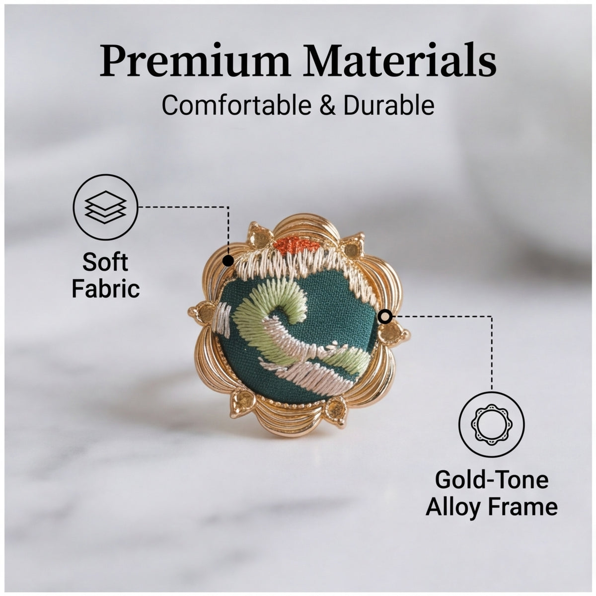 HongAn Stitch Hand Embroidered Fabric Statement Ring – Chinese Intangible Heritage Textile Jewelry & Gift