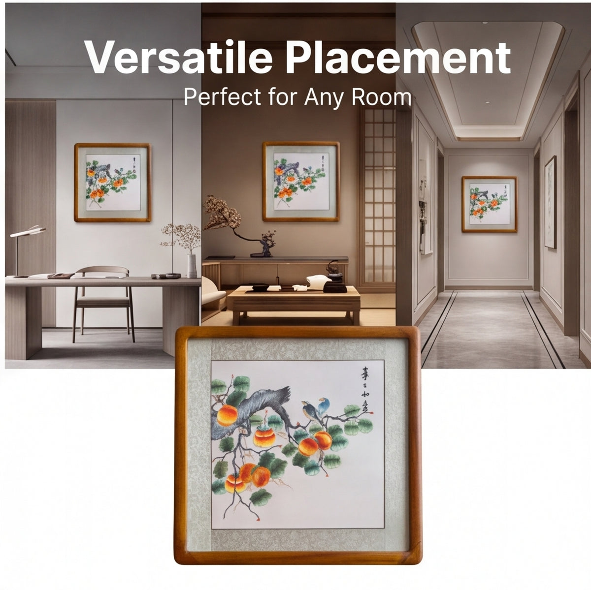 Persimmon Blessings – Traditional Chinese Silk Embroidery Wall Art · Crafted Wood Frame