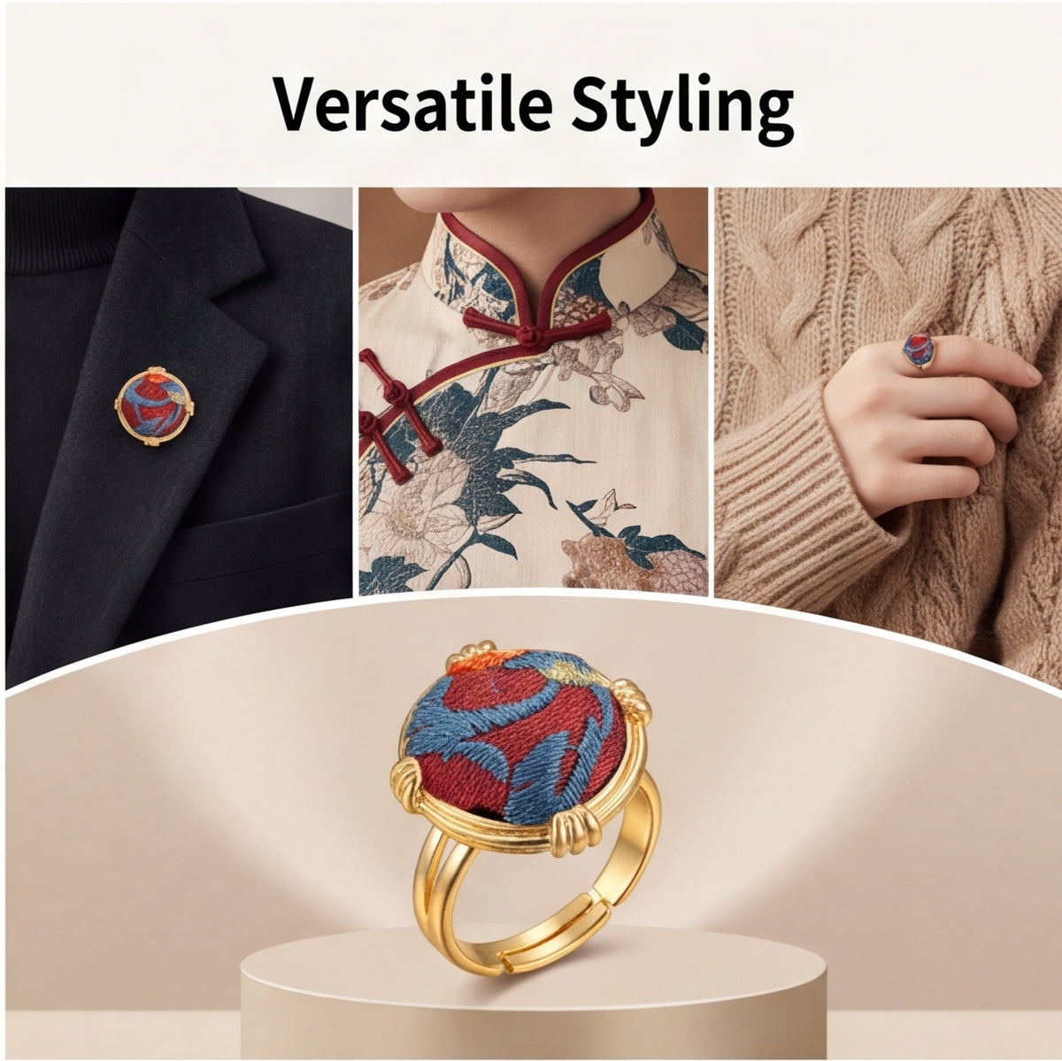 Traditional Chinese Embroidery Ring · Red & Blue Artisan Statement Jewelry