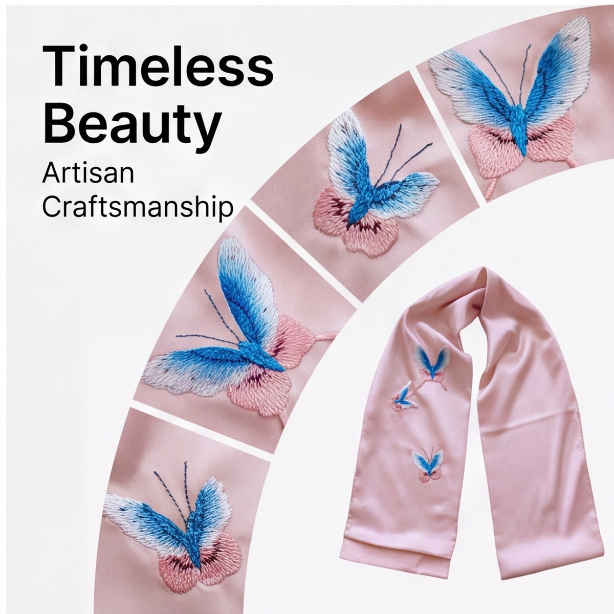 HongAn Stitch Hand Embroidered Butterfly Silk Satin Scarf – Chinese Intangible Cultural Heritage Neck Scarf