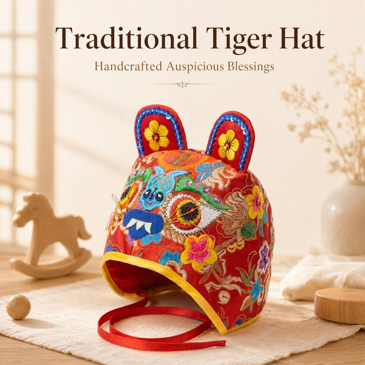 Traditional Embroidered Tiger Head Baby Folk Hat, Red Satin Warm Protective Cap