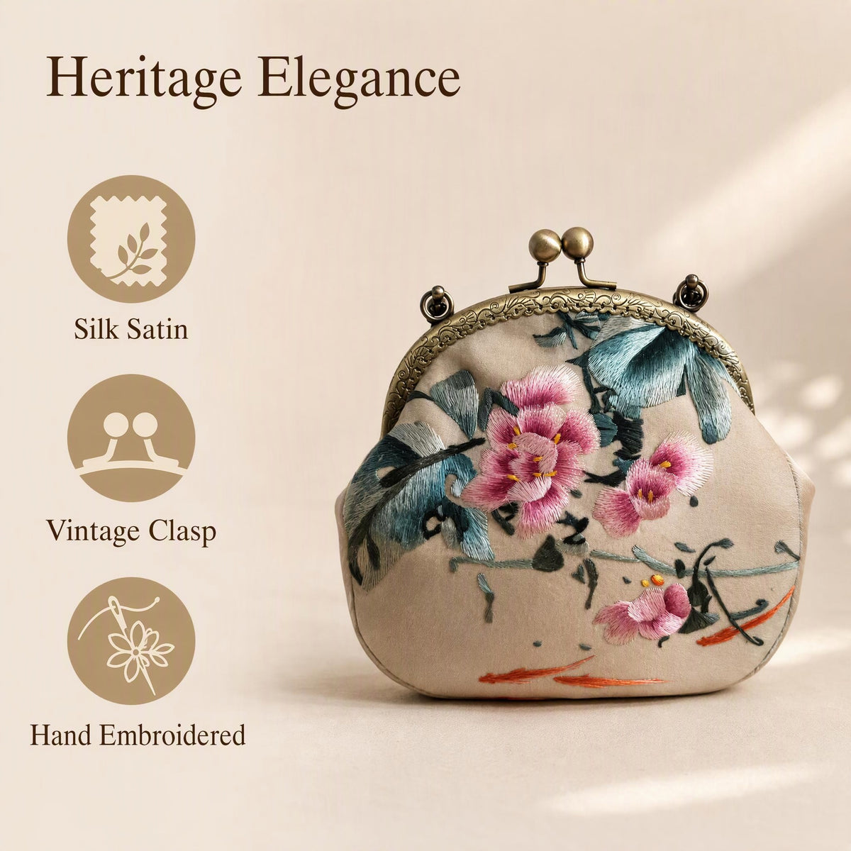 Handmade Su Embroidery Vintage Kiss Lock Floral Coin Purse