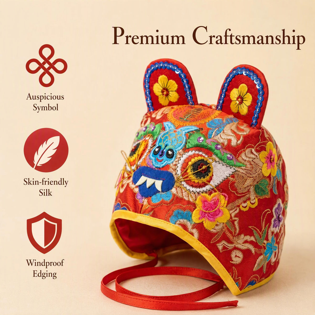 Traditional Embroidered Tiger Head Baby Folk Hat, Red Satin Warm Protective Cap