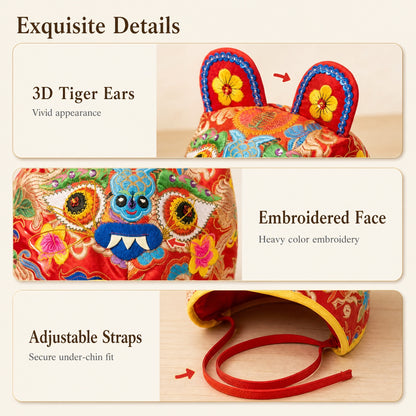 Traditional Embroidered Tiger Head Baby Folk Hat, Red Satin Warm Protective Cap