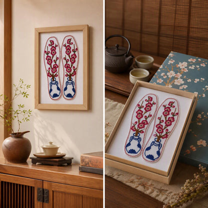 Hand Embroidered Plum Blossom Framed Insole Art