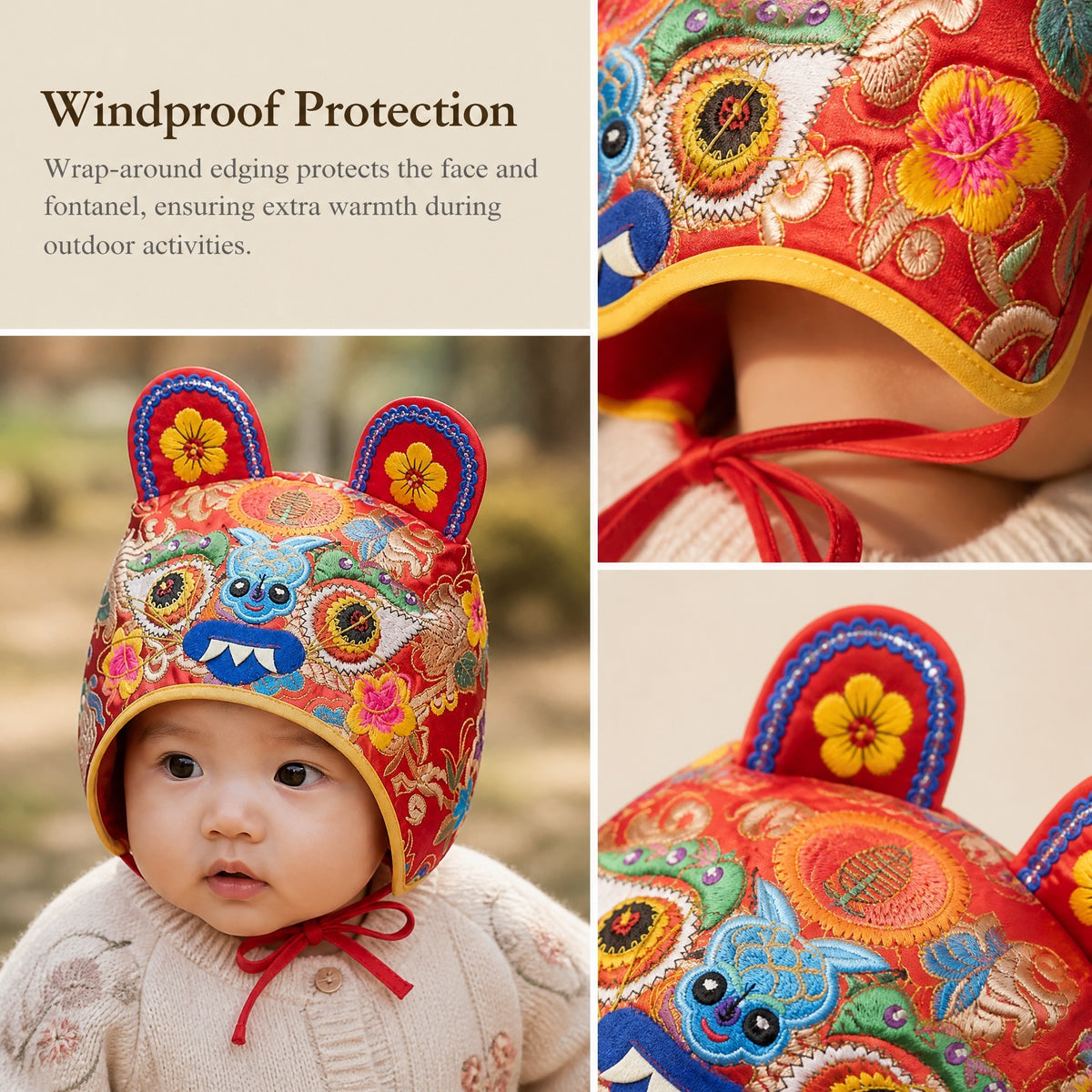 Traditional Embroidered Tiger Head Baby Folk Hat, Red Satin Warm Protective Cap