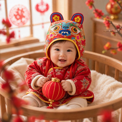 Traditional Embroidered Tiger Head Baby Folk Hat, Red Satin Warm Protective Cap