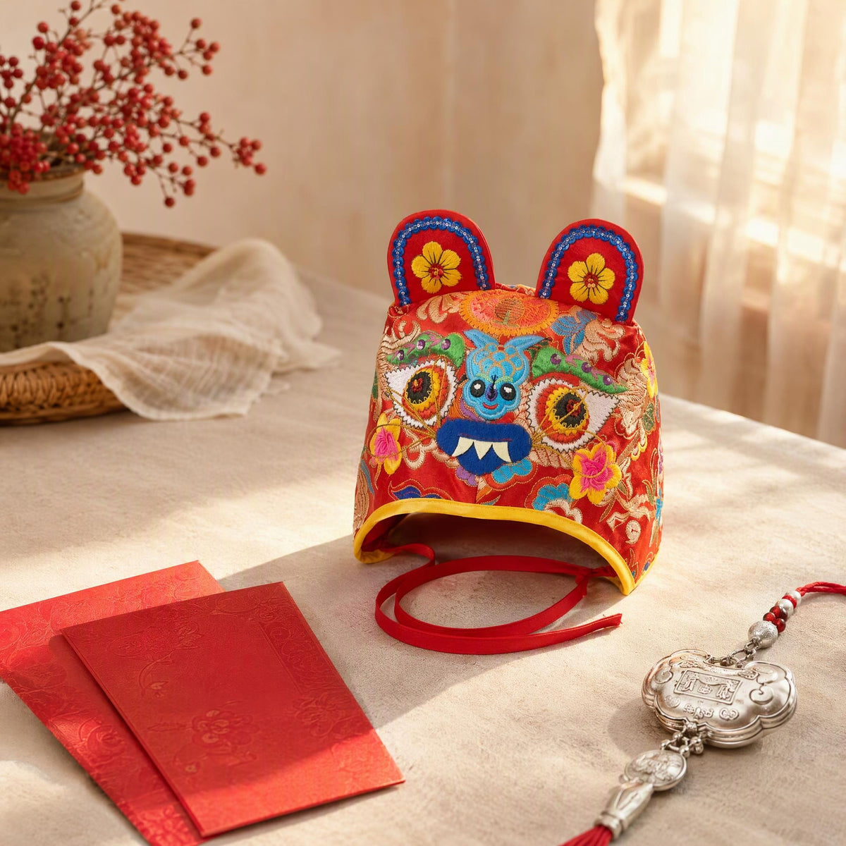Traditional Embroidered Tiger Head Baby Folk Hat, Red Satin Warm Protective Cap