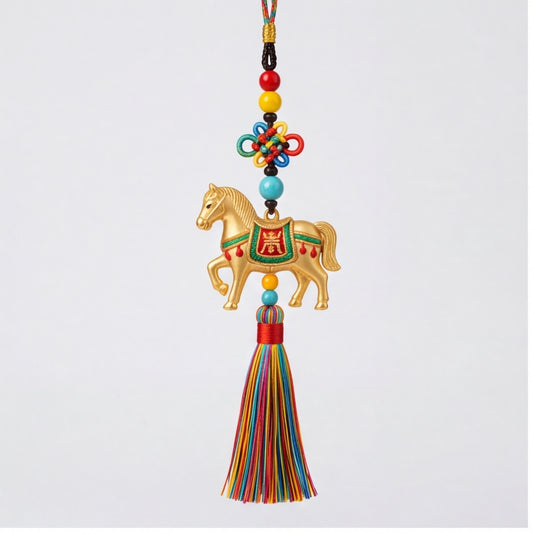 HongAn Stitch Handcrafted Running Horse Hanging Charm – Heritage Embroidery Metal Horse Pendant with Rainbow Tassel
