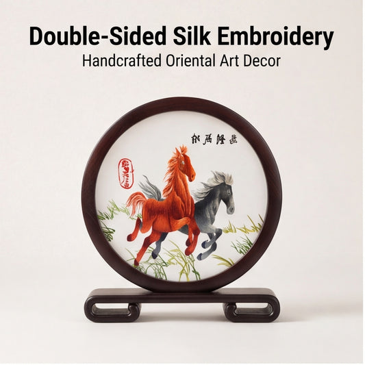 Double-Sided Embroidered Horse Table Decor · Crafted Wood Oriental Desktop Ornamen
