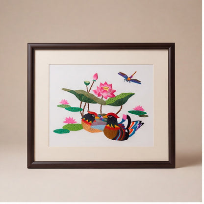 Hand-Embroidered "Mandarin Ducks & Lotus" Framed Art · Crafted Wood Oriental Wall Decor