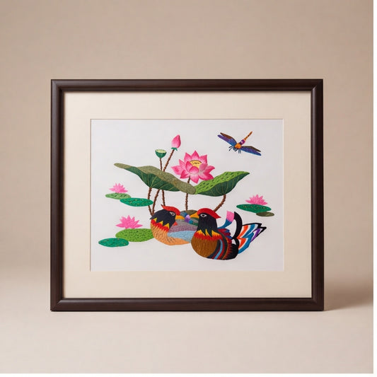 Hand-Embroidered "Mandarin Ducks & Lotus" Framed Art · Crafted Wood Oriental Wall Decor