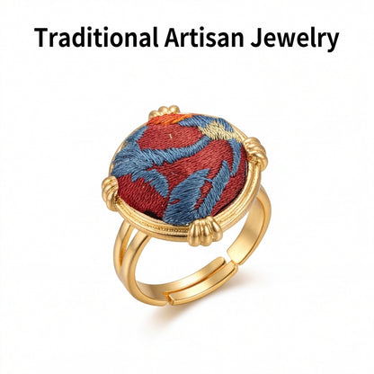 Traditional Chinese Embroidery Ring · Red & Blue Artisan Statement Jewelry