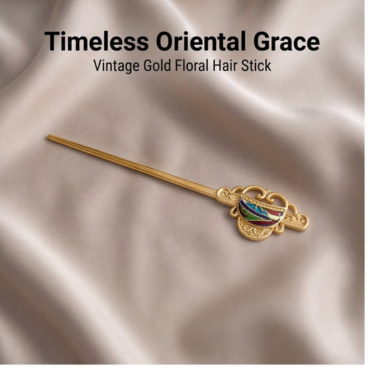 Vintage Chinese Gold Hair Stick with Colorful Floral Ornament – Traditional Oriental Hair Pin