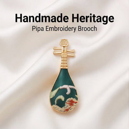 HongAn Stitch Hand Embroidered Pipa Brooch Pin – Chinese Intangible Cultural Heritage Lute Shape Jewelr