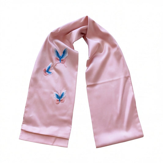 HongAn Stitch Hand Embroidered Butterfly Silk Satin Scarf – Chinese Intangible Cultural Heritage Neck Scarf