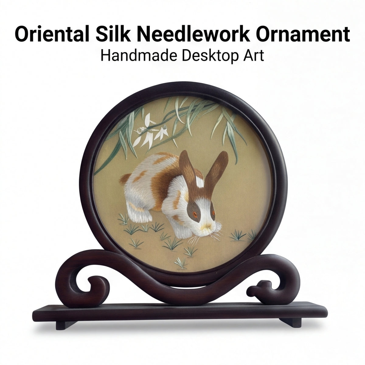 Hand-Embroidered Rabbit Circular Tabletop Accent with Crafted Wood Stand · Traditional Silk-Effect Desktop Decor