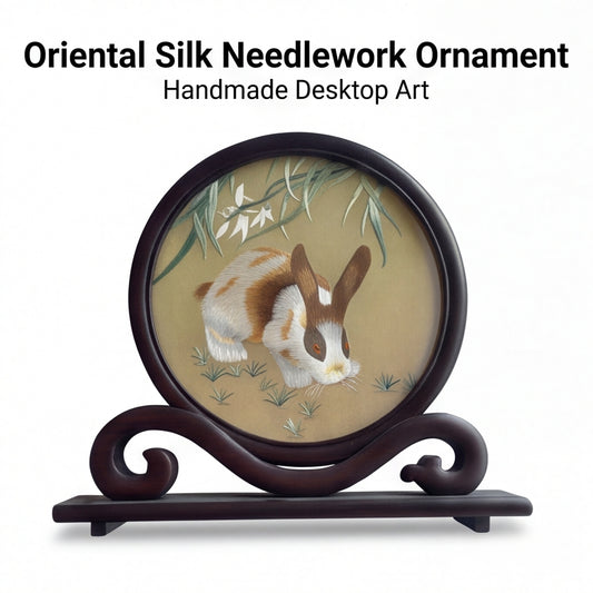 Hand-Embroidered Rabbit Circular Tabletop Accent with Crafted Wood Stand · Traditional Silk-Effect Desktop Decor