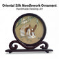 Hand-Embroidered Rabbit Circular Tabletop Accent with Crafted Wood Stand · Traditional Silk-Effect Desktop Decor