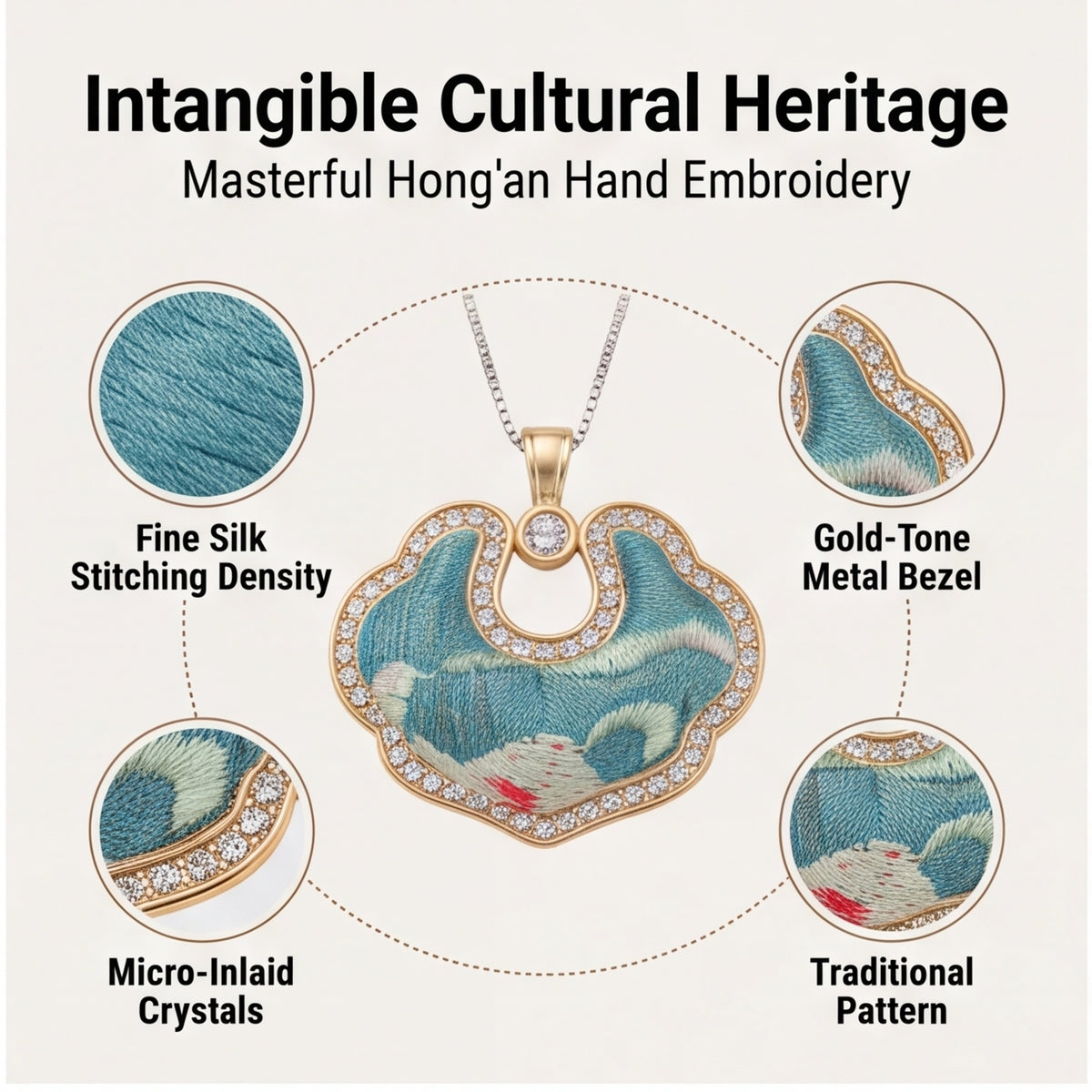 Hong'an Stitch Ruyi Lock Necklace — Hand Embroidered Chinese Heritage Pendant for Women