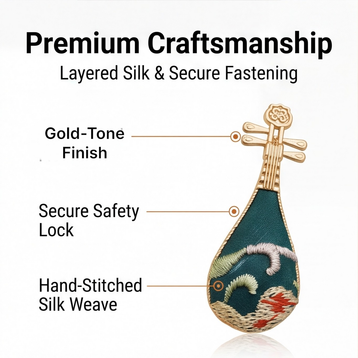 HongAn Stitch Hand Embroidered Pipa Brooch Pin – Chinese Intangible Cultural Heritage Lute Shape Jewelr