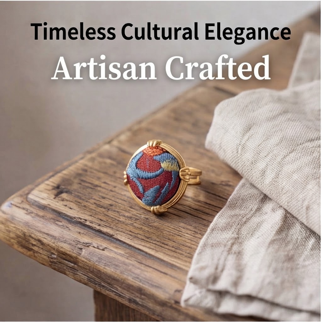 Traditional Chinese Embroidery Ring · Red & Blue Artisan Statement Jewelry