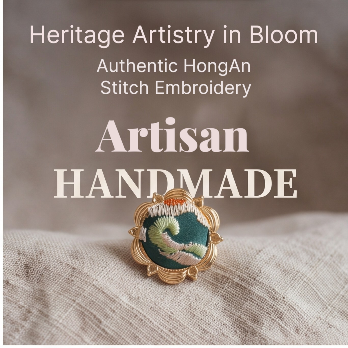 HongAn Stitch Hand Embroidered Fabric Statement Ring – Chinese Intangible Heritage Textile Jewelry & Gift