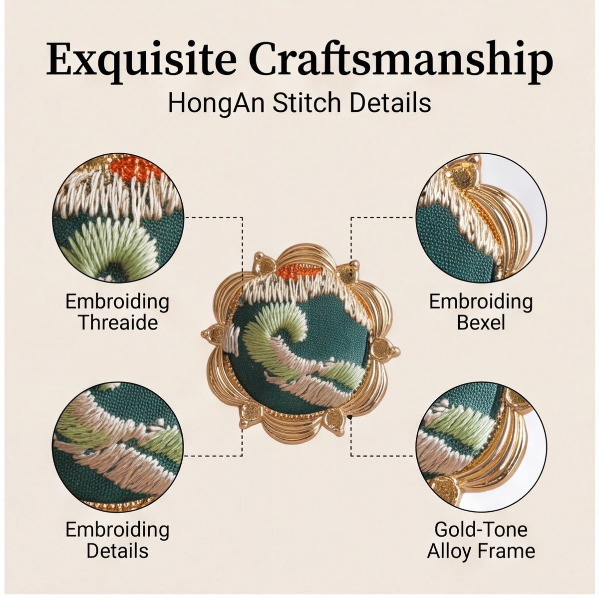 HongAn Stitch Hand Embroidered Fabric Statement Ring – Chinese Intangible Heritage Textile Jewelry & Gift