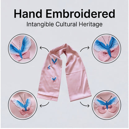 HongAn Stitch Hand Embroidered Butterfly Silk Satin Scarf – Chinese Intangible Cultural Heritage Neck Scarf