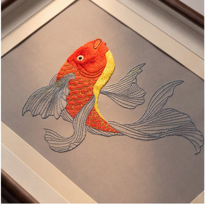 Hand-Embroidered "Scarlet Koi" Framed Wall Accent · Crafted Wood Textile Decor