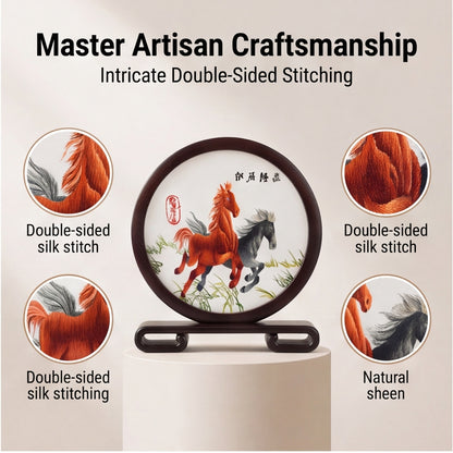 Double-Sided Embroidered Horse Table Decor · Crafted Wood Oriental Desktop Ornamen
