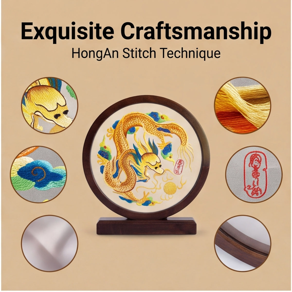 HongAn Stitch Hand Embroidered Dragon Table Ornament – Chinese Intangible Heritage Desktop Decor & Cultural Art Gift