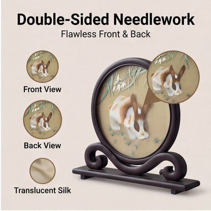 Hand-Embroidered Rabbit Circular Tabletop Accent with Crafted Wood Stand · Traditional Silk-Effect Desktop Decor