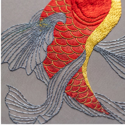 Hand-Embroidered "Scarlet Koi" Framed Wall Accent · Crafted Wood Textile Decor