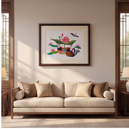 Hand-Embroidered "Mandarin Ducks & Lotus" Framed Art · Crafted Wood Oriental Wall Decor