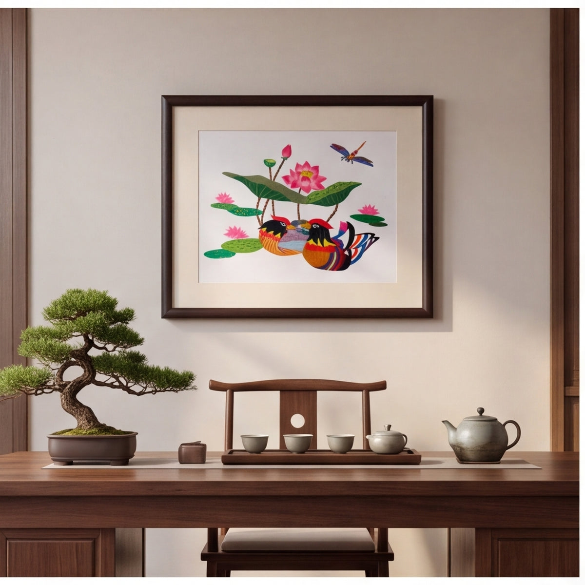 Hand-Embroidered "Mandarin Ducks & Lotus" Framed Art · Crafted Wood Oriental Wall Decor
